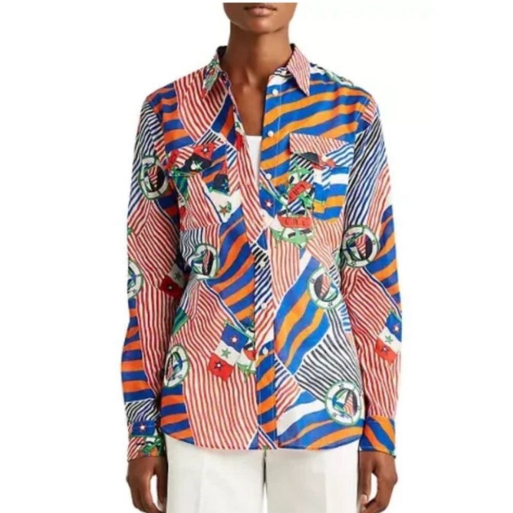 Lauren Ralph Lauren 100% Cotton Nautical Print Button Front Voile Shirt Size S - Picture 3 of 15